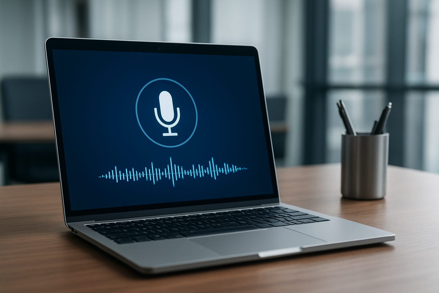 Laptop displaying a microphone icon and sound wave visualization on its screen