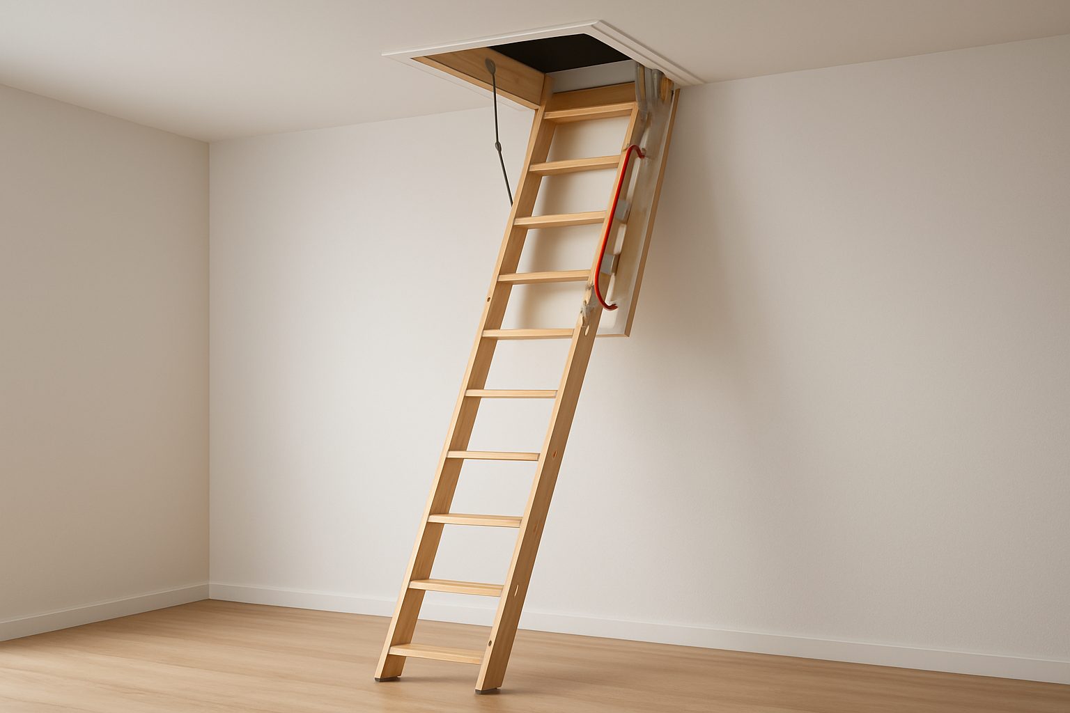 A wooden loft ladder extending from an attic entrance into a minimalist room with light-colored walls.
